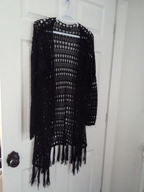 Black Open-Knit Fringe Women's Long Sleeve Sweater Cardigan Medium